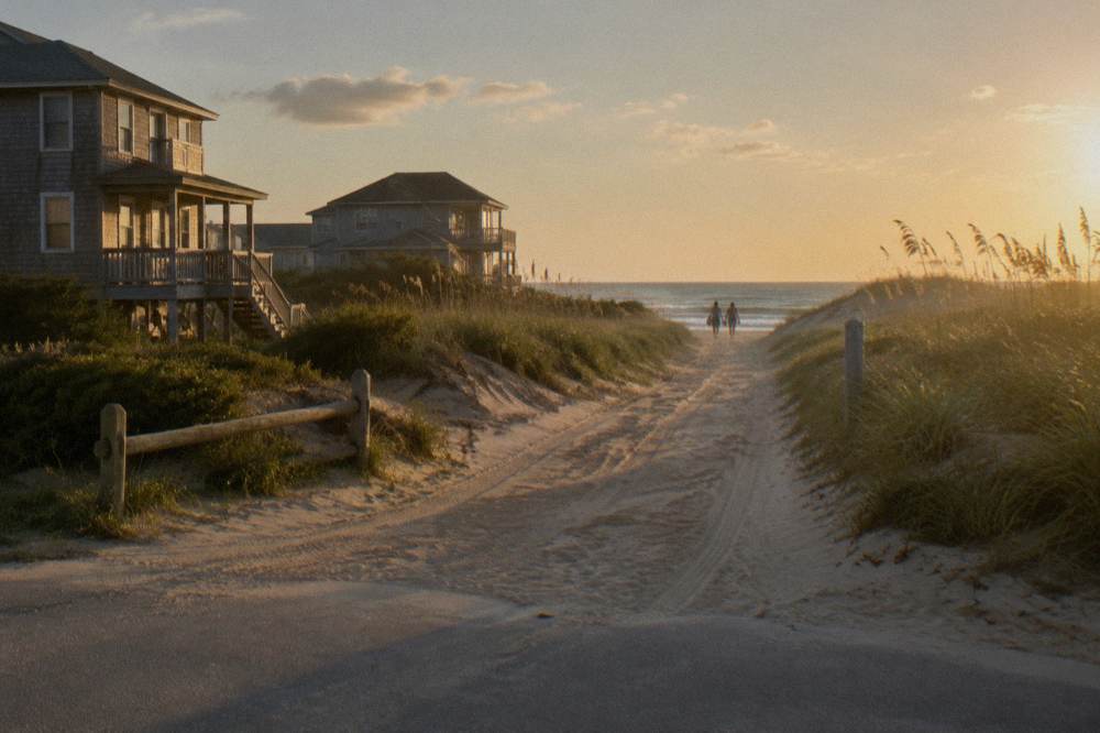 An open sandy beach track north of Corolla with dune grass along the edge