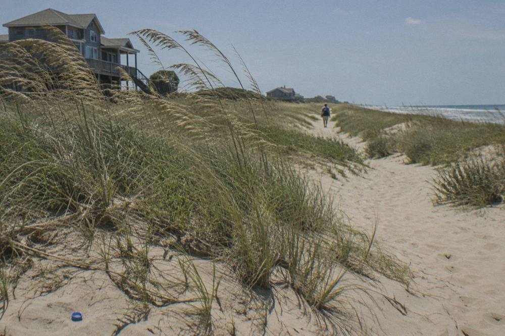 A dirt sand track behind the dune line with sea oats bending in the wind