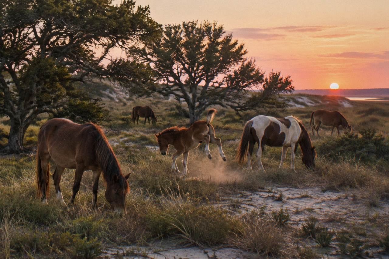 Wild horses grazing in a sandy maritime grassland at the edge of the Outer Banks.