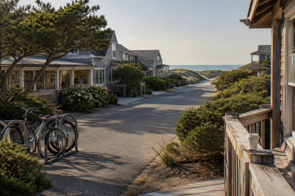 Quiet beach town road with low wooden buildings and morning light