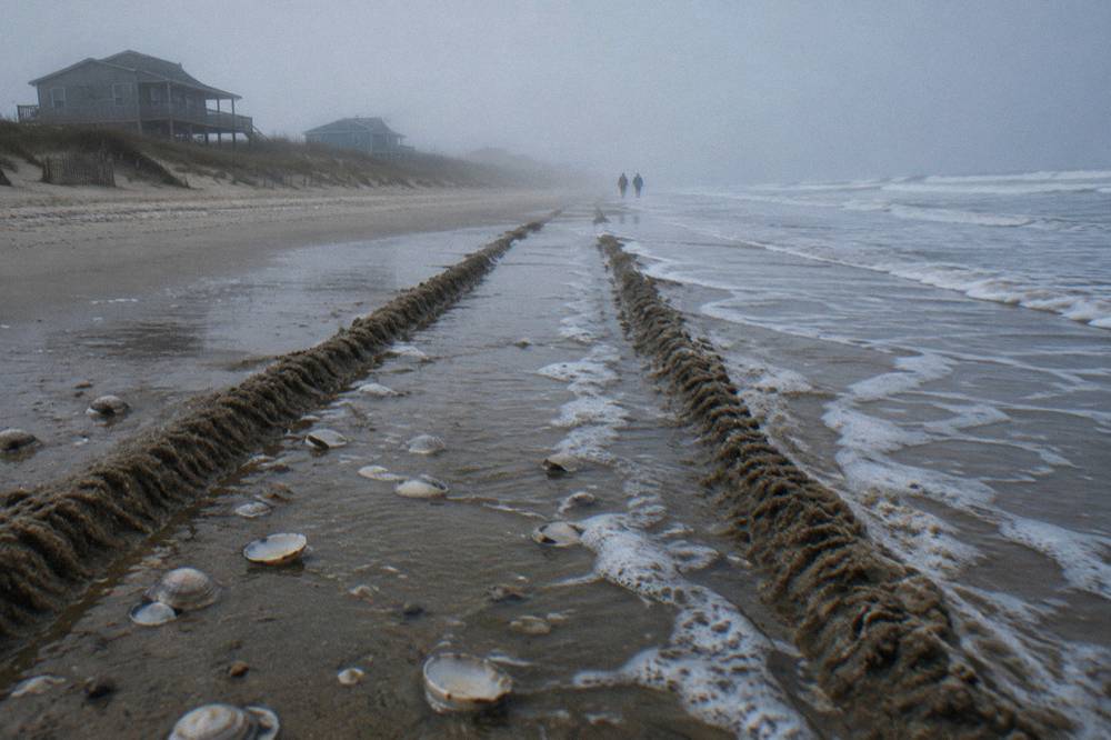 Tire tracks on a wide hard-packed beach with dunes and ocean on either side