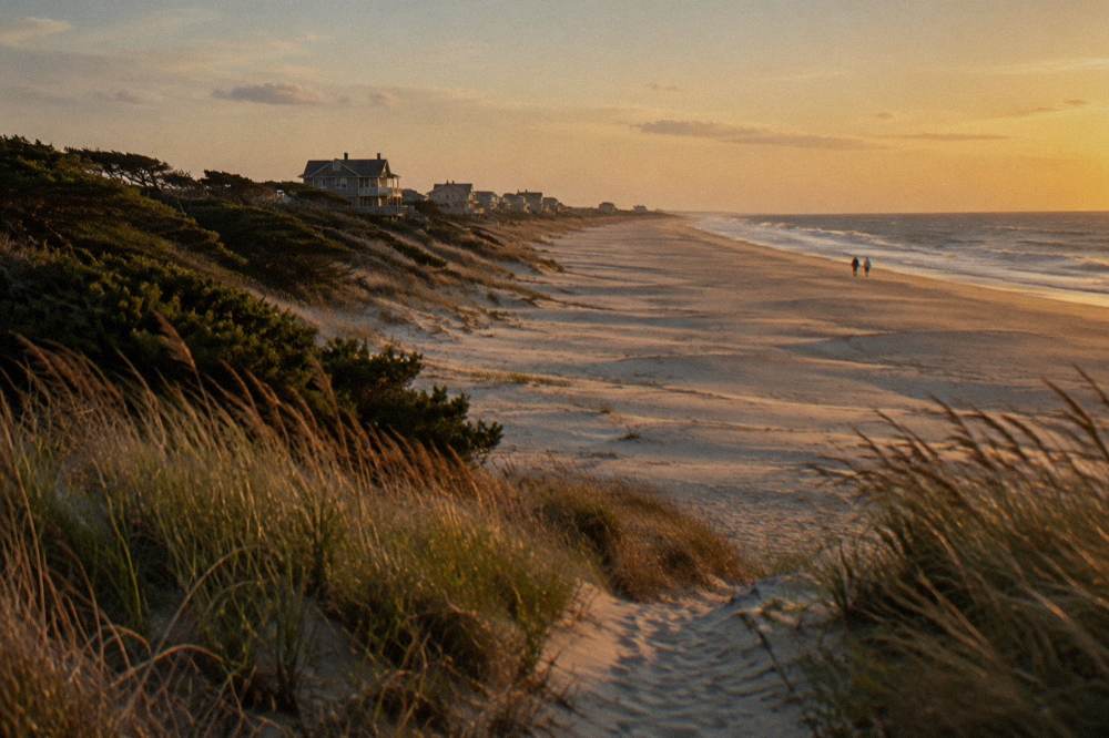 A wide northern Outer Banks beach at golden hour with empty sand and low dunes