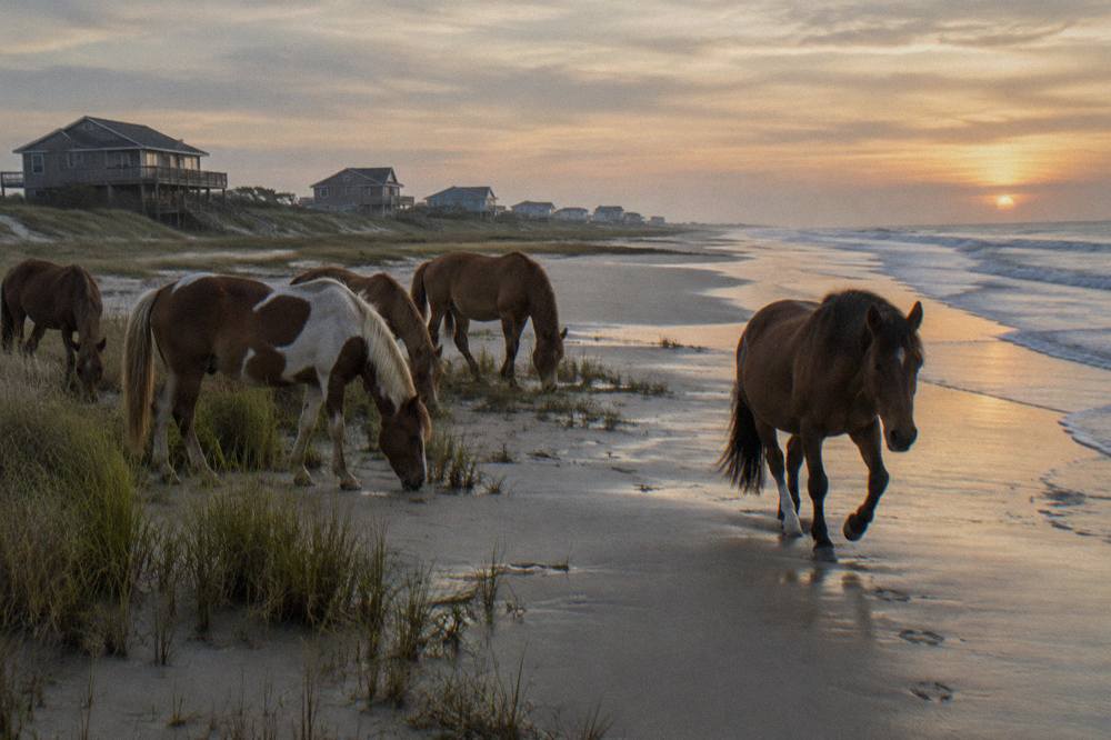 A small band of wild horses grazing on damp sand near the water line in early light