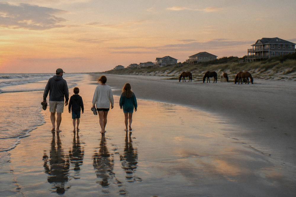 Family walking along the wet sand of Corolla beach toward wild horses grazing in the distance