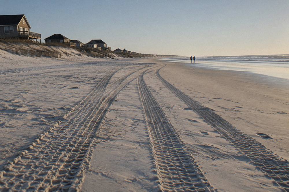 Open sand flats at the northern Outer Banks under low morning light with tire tracks in the sand