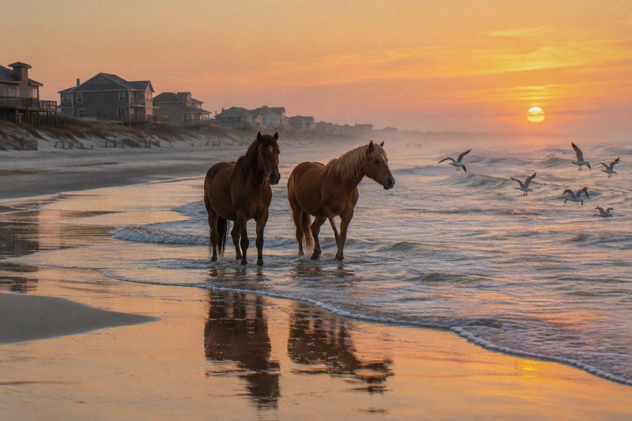 Wild horses standing in the surf on a wide Outer Banks beach at sunrise