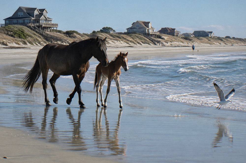 A mare and a young foal walking together along the wet sand at the water's edge