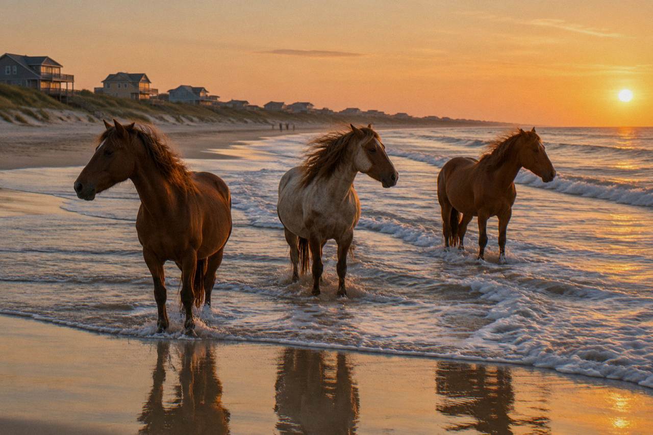 Wild horses standing in the surf on a wide Outer Banks beach at golden hour