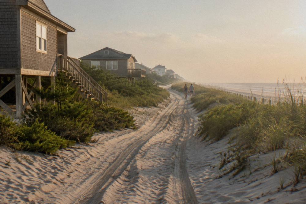 Rutted sand track running along a wide beach with ocean on one side and low dunes on the other