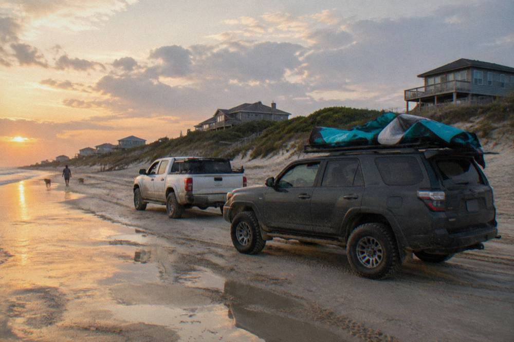 Four-wheel-drive trucks parked on wet sand at the base of a low dune line