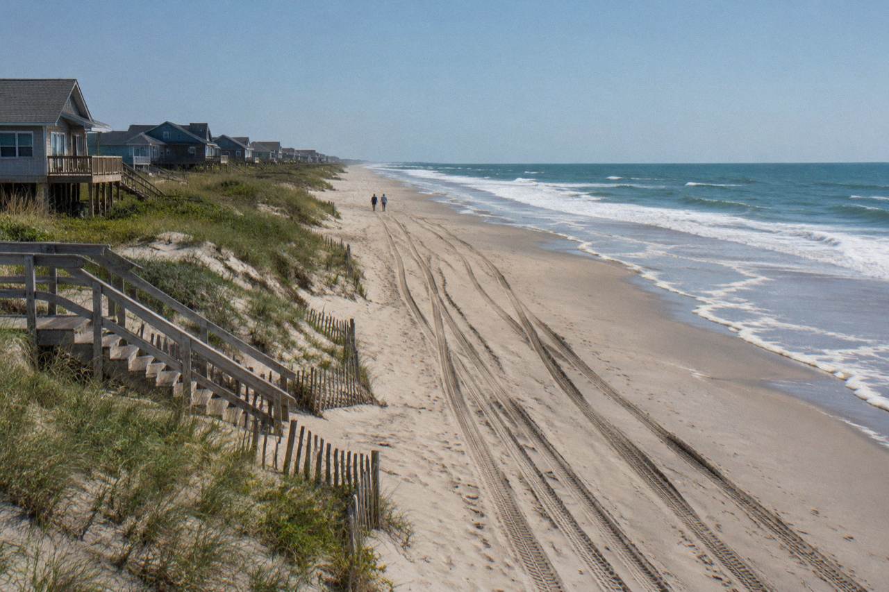 Wide empty beach at the northern end of the Outer Banks with tire tracks in the sand and dunes along the shoreline