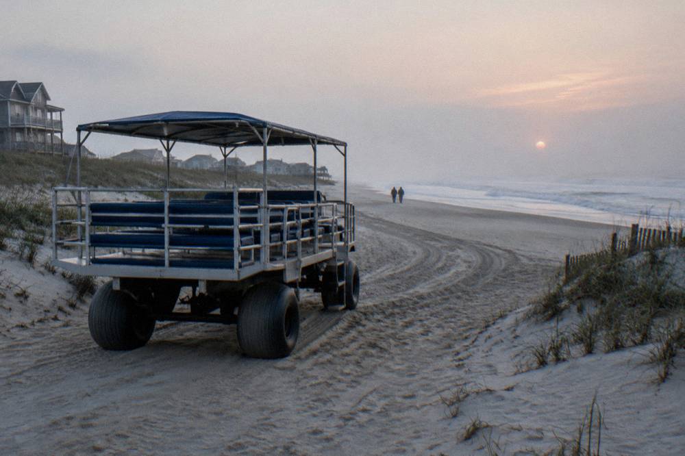Custom open air beach tour vehicle with row seating parked on sand among low dunes