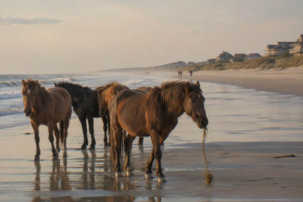 Small band of wild horses standing on wet sand near the surf line