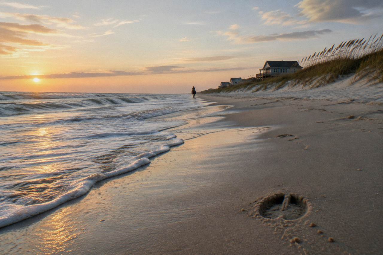 Wide empty beach at the northern end of Corolla with dune grass and rolling surf