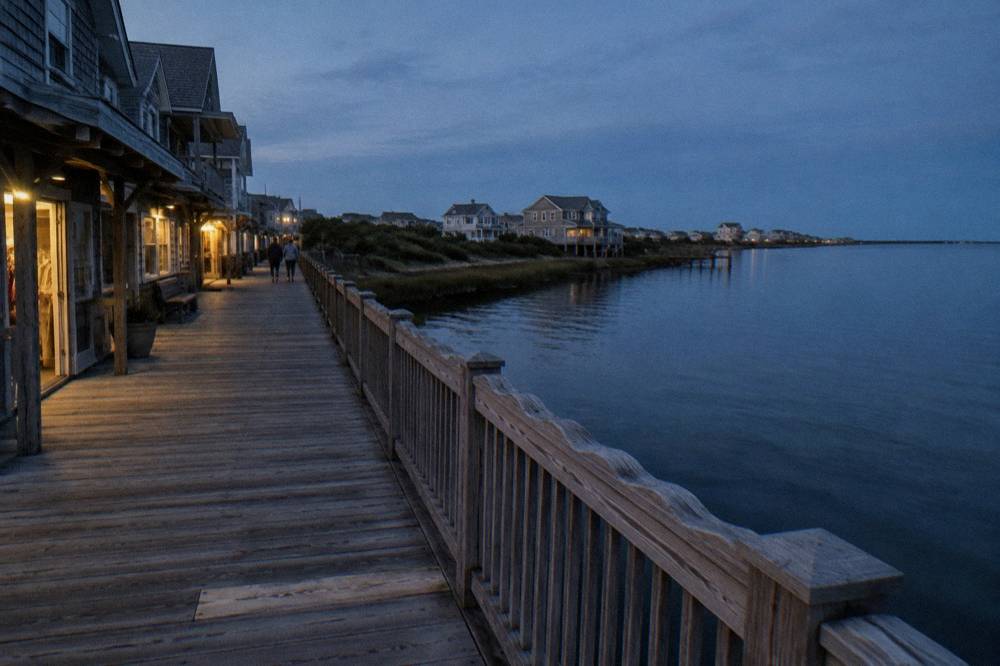 Wooden boardwalk along a calm sound at dusk with shops glowing softly