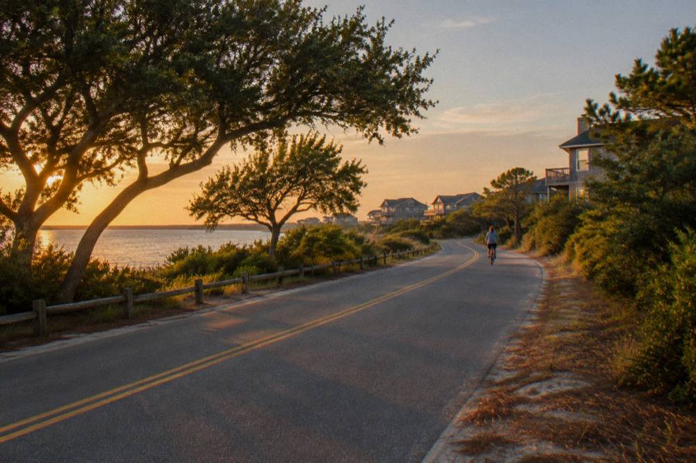 Two lane coastal road curving through low maritime forest toward the horizon