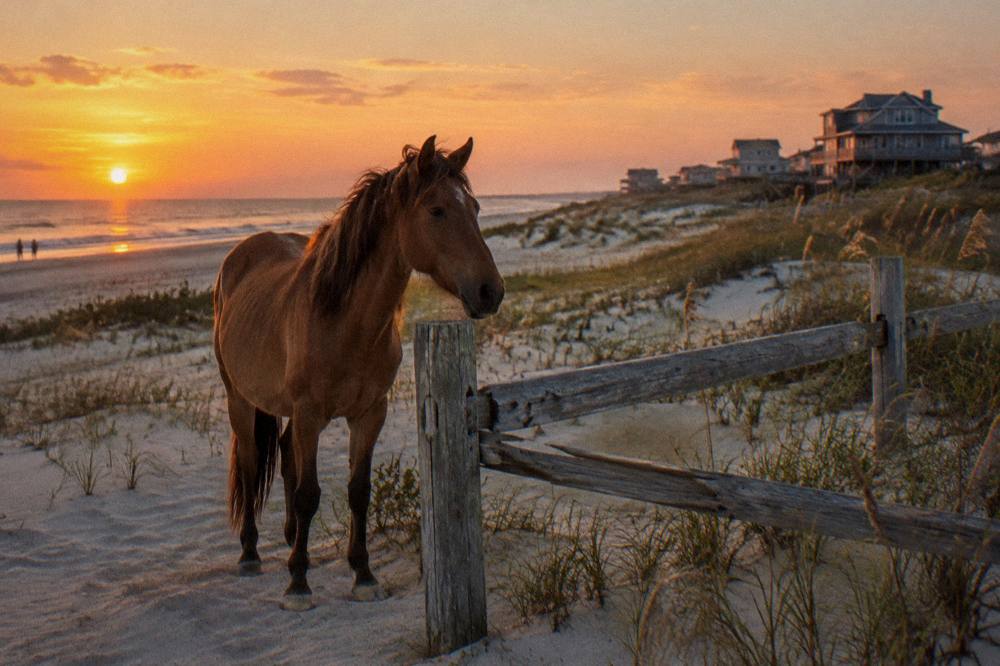 A wild horse standing in golden evening light beside a weathered fence at the edge of the dunes
