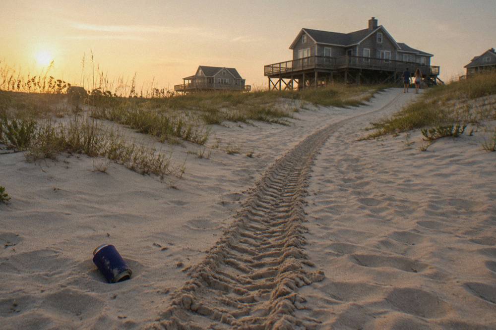 Tracks of a single vehicle leading up a pale sand beach toward distant houses on low dunes under a clear sky