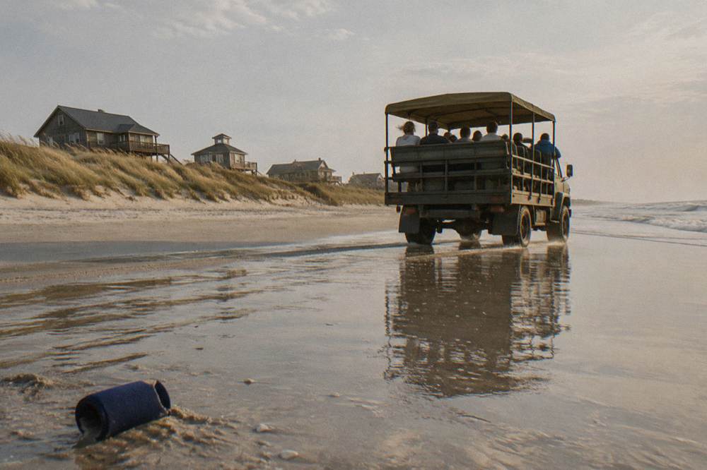 Open-air safari-style truck with bench seats driving along wet beach sand with passengers facing outward