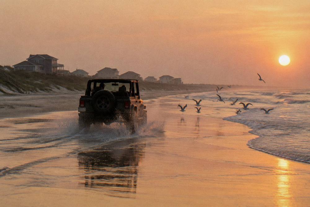 An open-air four-wheel drive truck driving along the wet sand at the waterline