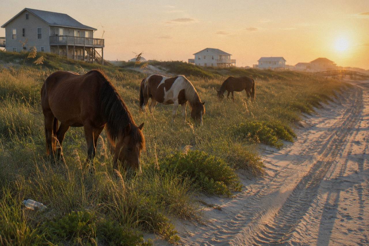 Wild horses grazing in tall grass beside a sandy lane on the northern Currituck Outer Banks