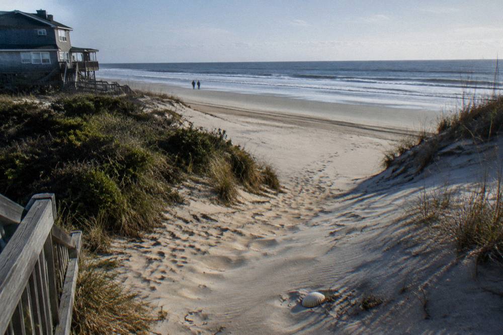Empty sand beach of the four wheel drive area north of Corolla at low tide
