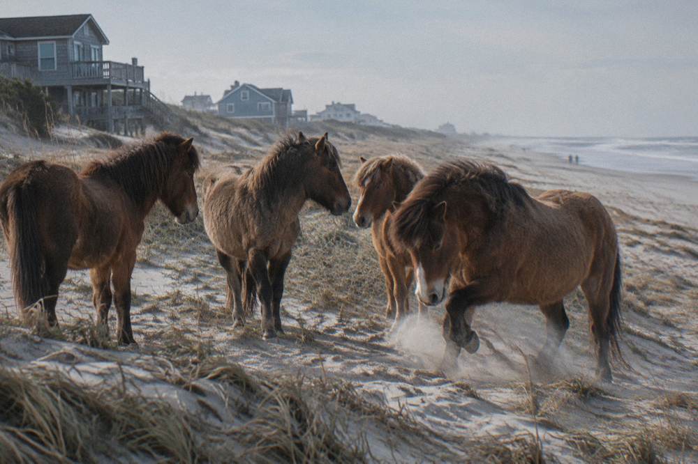 Wild horses standing together near dune grass on a wide northern beach
