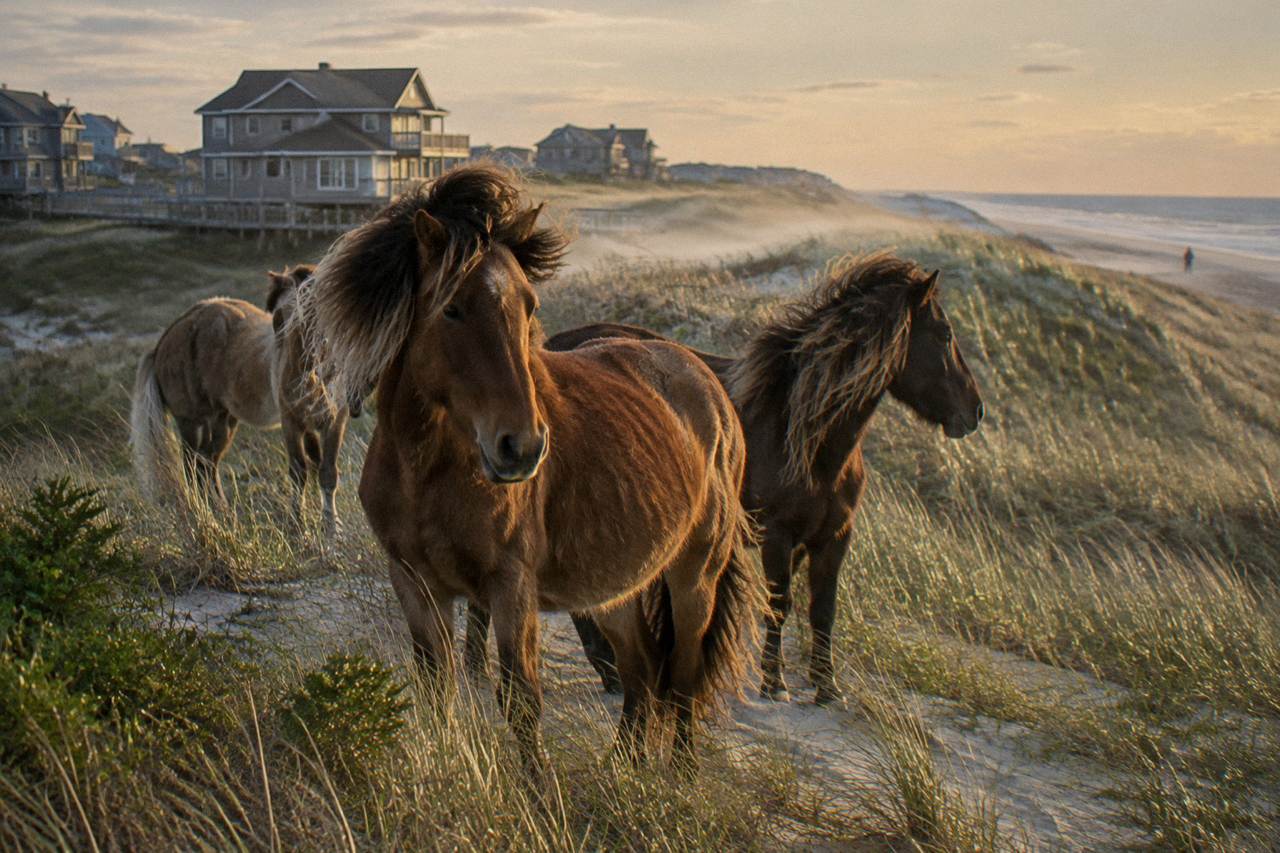 Wild horses standing in the sand and dune grass of the northern Outer Banks beach