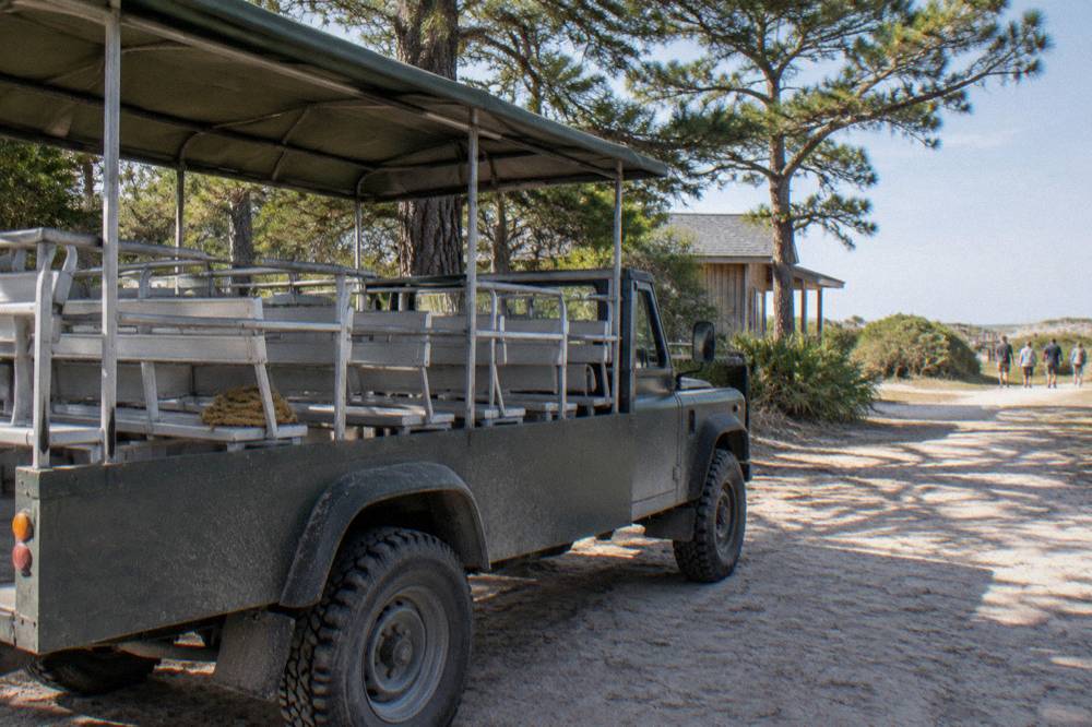 Open-air off-road truck parked on the sand with dune grass behind it under clear sky