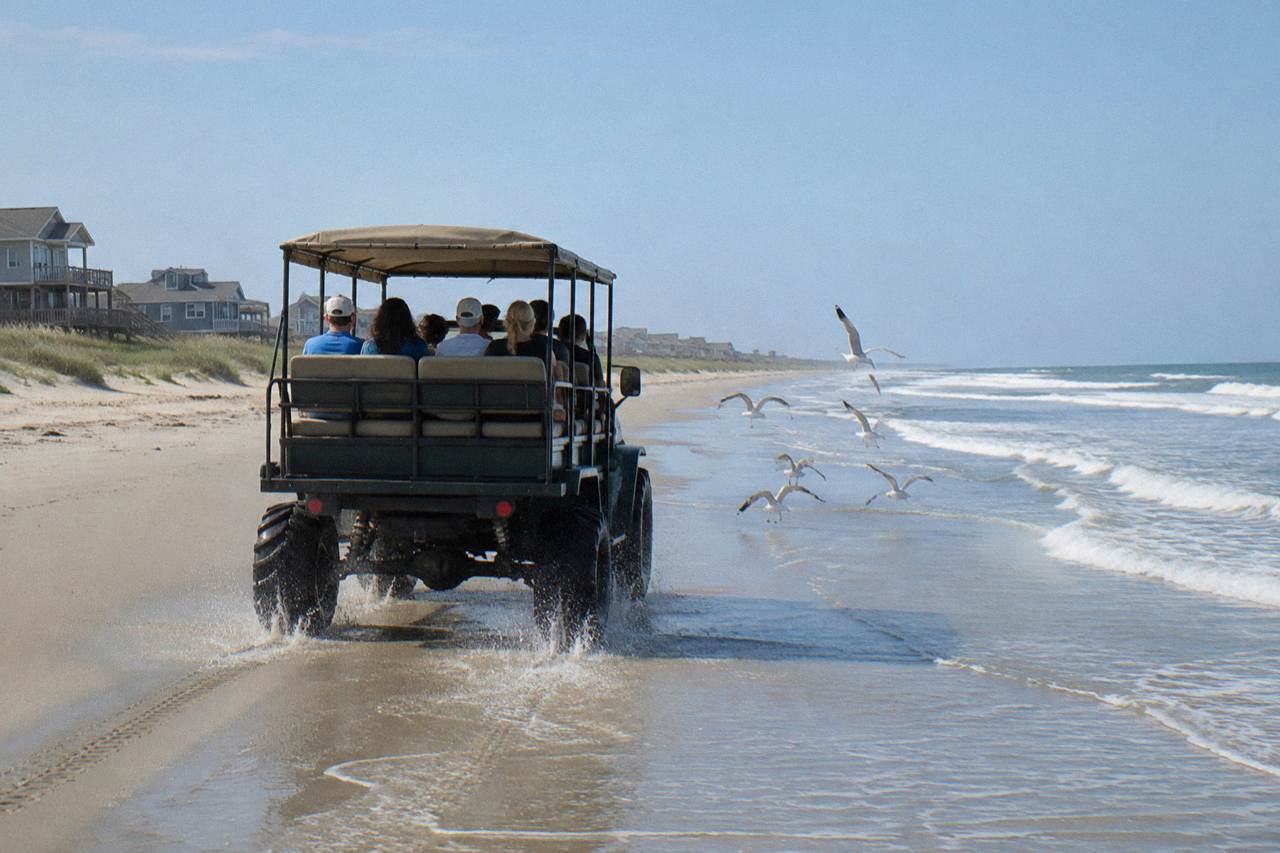 Open-air 4WD tour truck driving on wide wet sand beach in Corolla North Carolina
