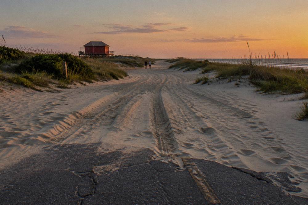 Open sand beach at the northern end of the Outer Banks with dunes and low dune grass
