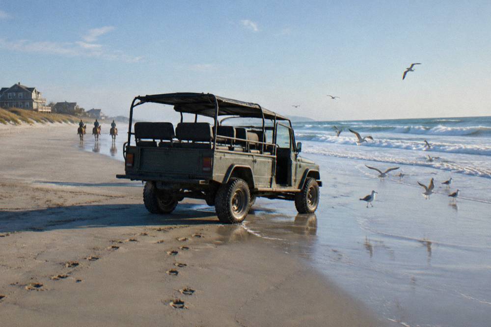 Open-air 4WD tour truck parked on hard sand near the surf line of a wide beach