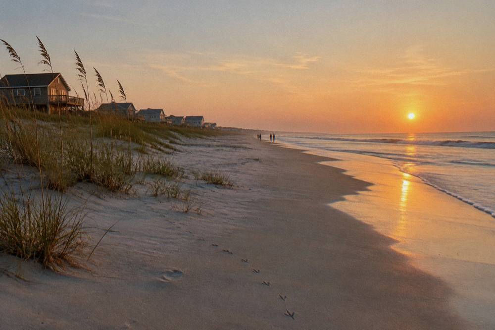 Sunrise light over calm ocean water beside a low dune line with sea oats