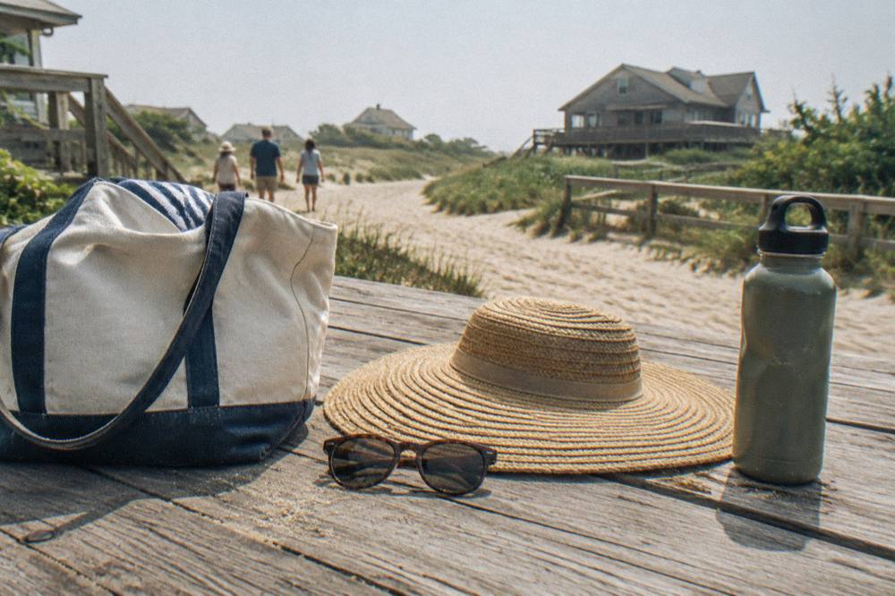 Beach bag, hat, sunglasses and water bottle arranged on a weathered wooden bench