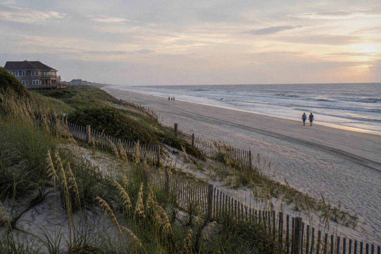 Wide beach at the northern end of Corolla with sand dunes and low maritime forest
