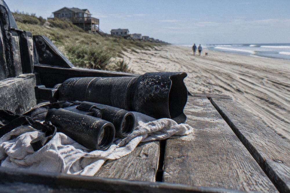 Telephoto camera and binoculars on a truck bench seat facing open beach