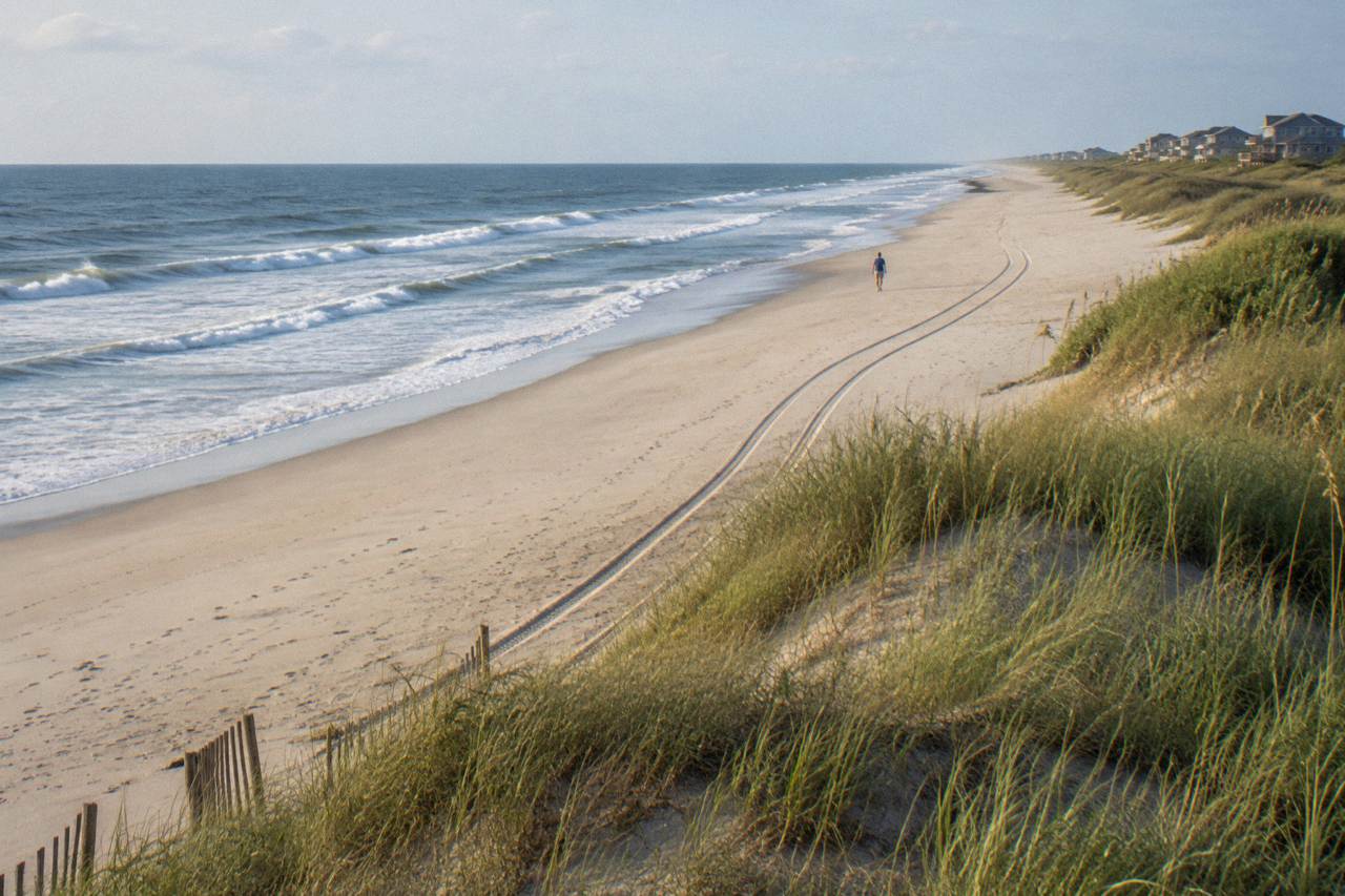 Open sandy beach at the northern end of Corolla with dune grass along the edge