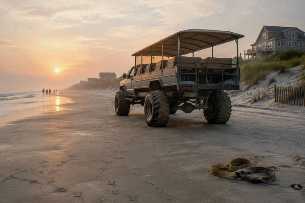 Open-air 4WD truck parked on the hard sand beside dunes at the north beach