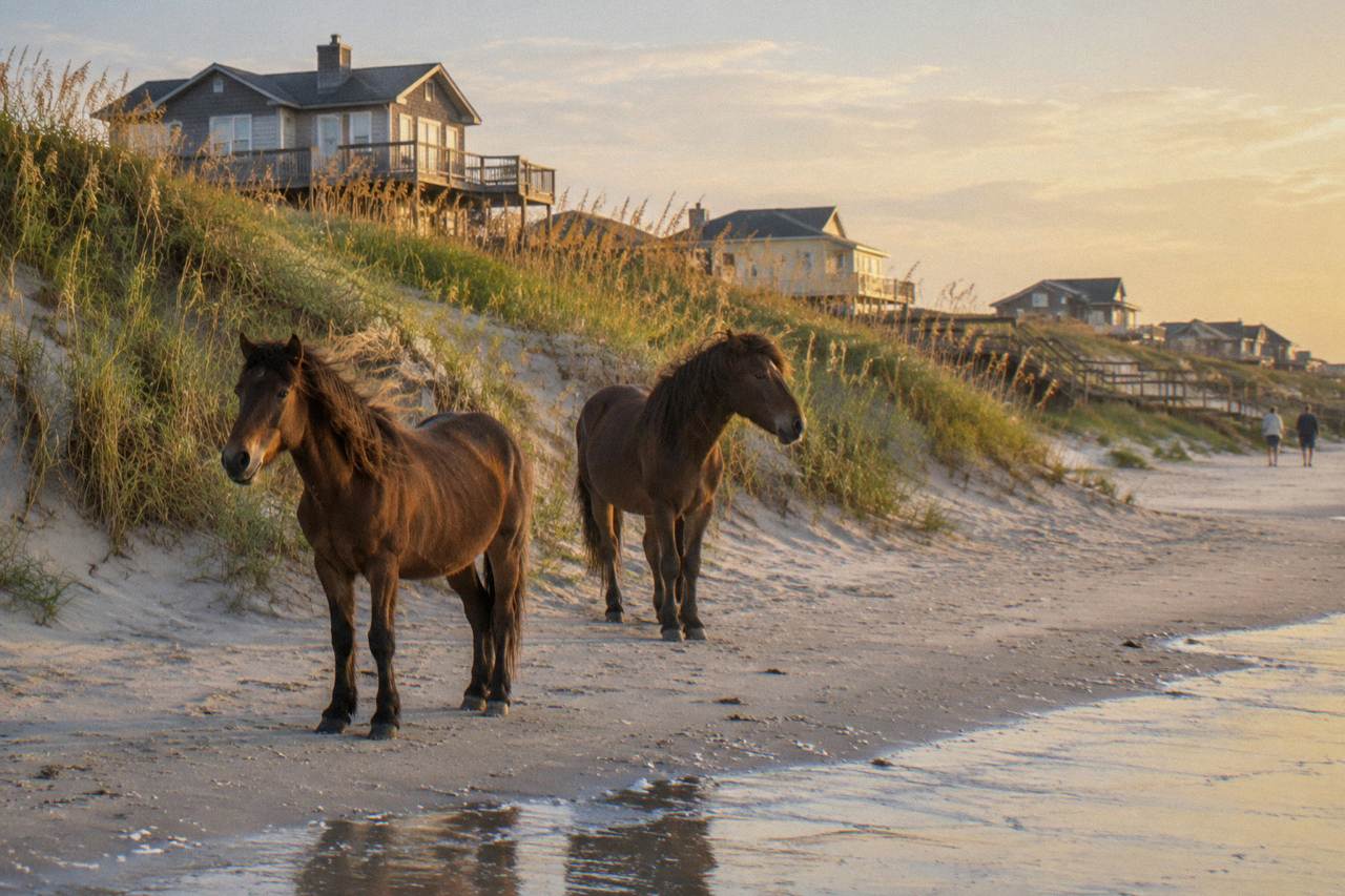 Wild horses standing in the sand and dune grass of a wide northern Outer Banks beach